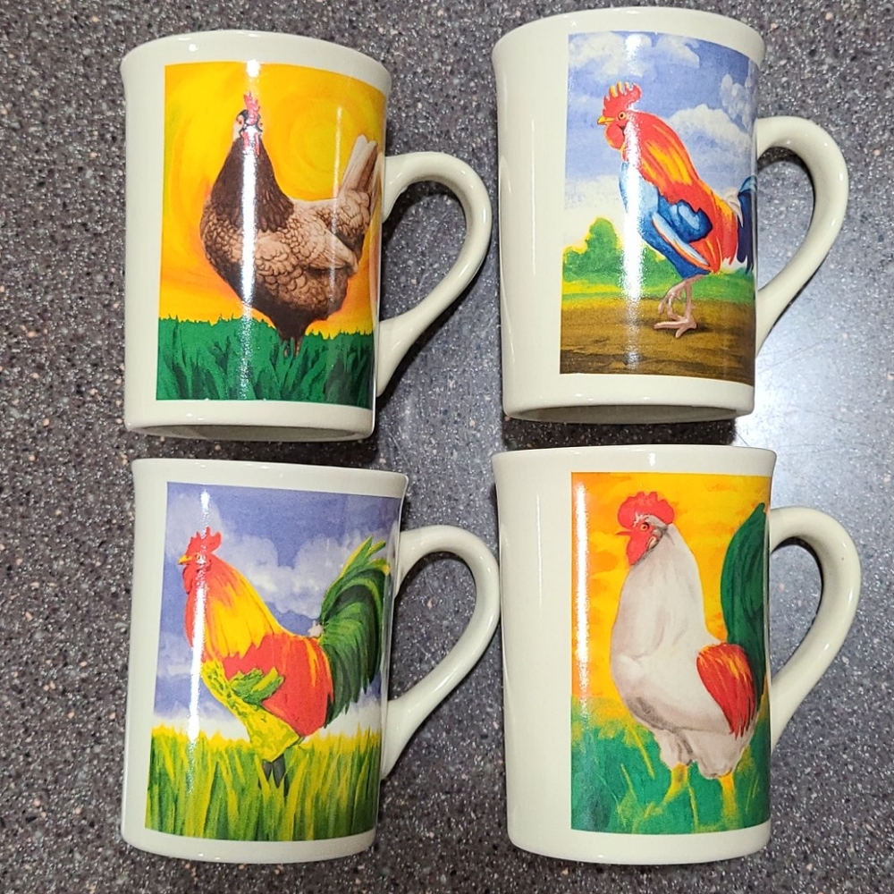 Rooster Mugs set of 4 Cups Coffee Tea Bay Island Vintage Farm Designs Slim 8 oz